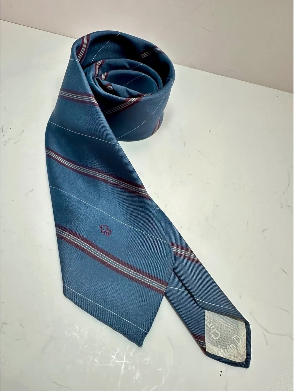Vintage Christian Dior Blue Burgundy Striped Tie Embroidered Logo